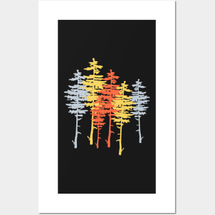Red, Yellow, Blue Pine Tree Silhouettes Posters and Art